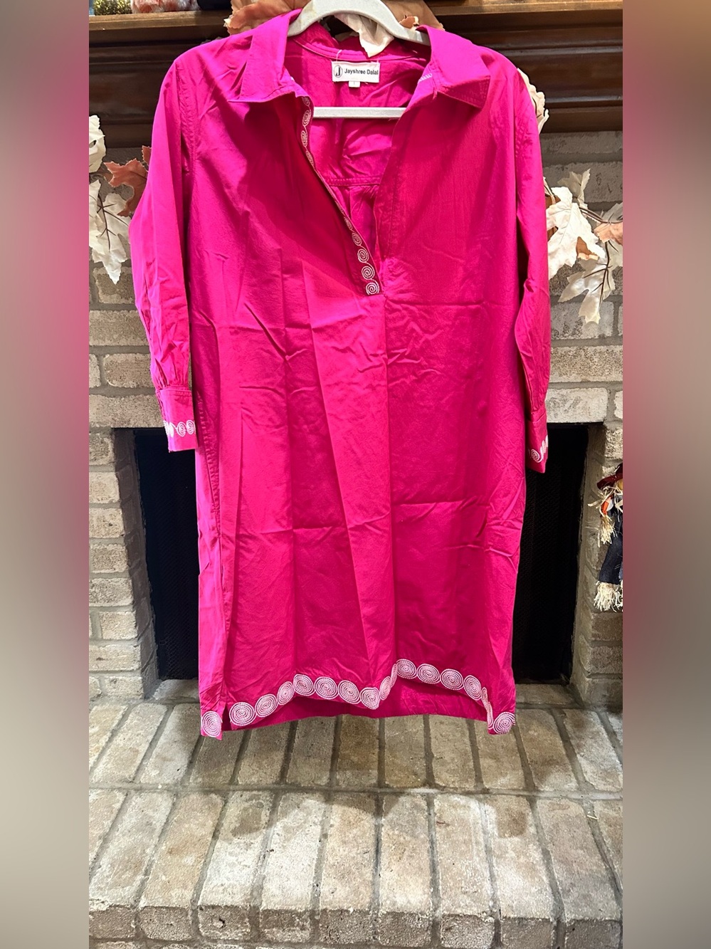 Vibrant Pink Embroidered Collar Tunic Dress EUC